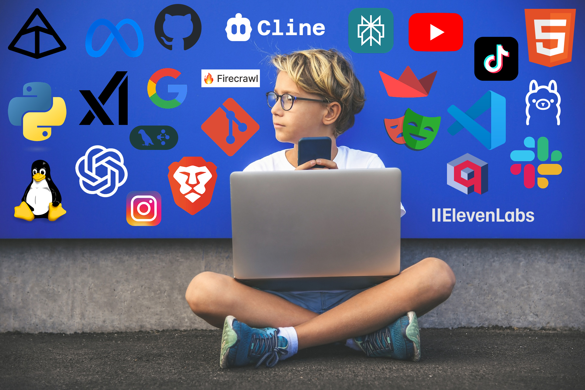 Boy thinking with a blue phone and laptop.